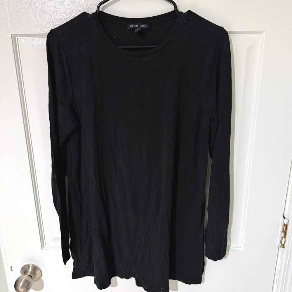 Eileen Fisher Black Tencel Lyocell Stretch Long Sleeve Tunic Top Womens Medium